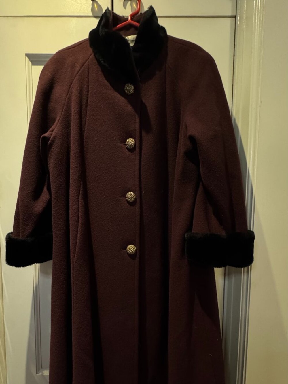 Vintage 80s Leslie Fay Maroon Dress Coat with Trimmed Collar